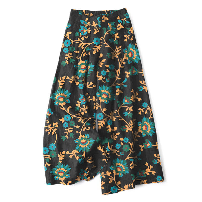 Buddha Stones Pantalones de mujer de lino y algodón con estampado floral turquesa y cintura elástica, pernera ancha y bolsillos. - Negro - US16，UK/AU20，EU48 (3XL) - image 0