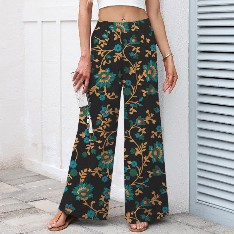 Buddha Stones Pantalones de mujer de lino y algodón con estampado floral turquesa y cintura elástica, pernera ancha y bolsillos. - image 1
