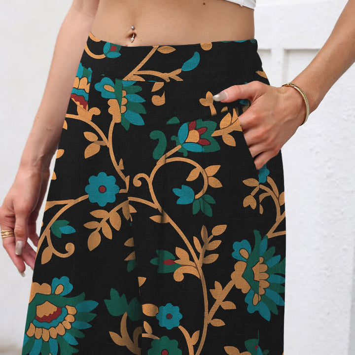 Buddha Stones Pantalones de mujer de lino y algodón con estampado floral turquesa y cintura elástica, pernera ancha y bolsillos. - image 2