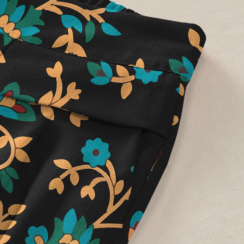 Buddha Stones Pantalones de mujer de lino y algodón con estampado floral turquesa y cintura elástica, pernera ancha y bolsillos. - image 3