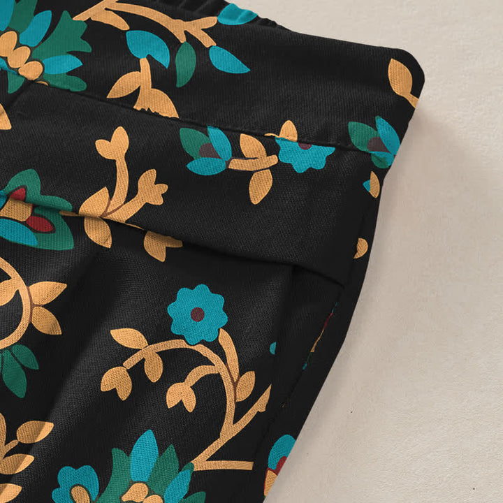 Buddha Stones Pantalones de mujer de lino y algodón con estampado floral turquesa y cintura elástica, pernera ancha y bolsillos. - image 3