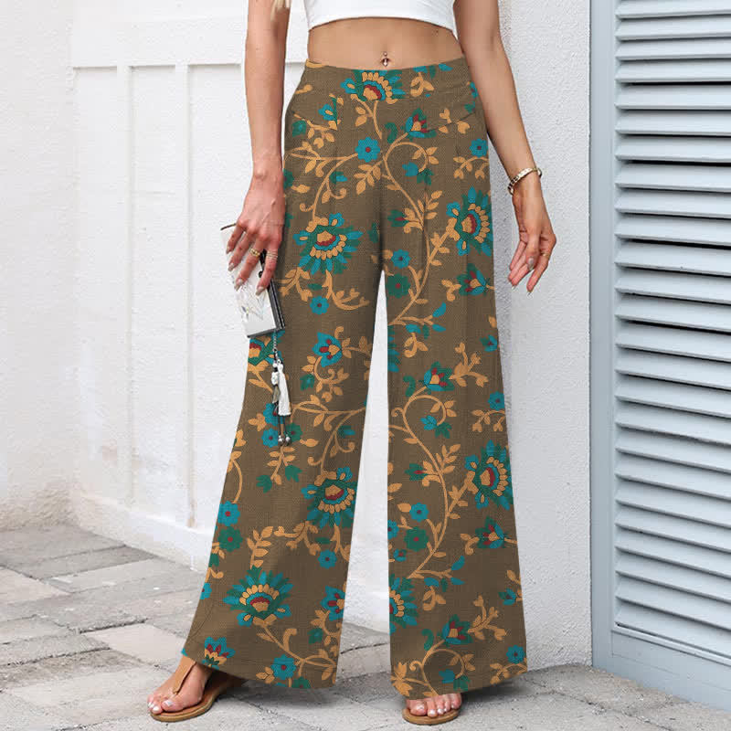 Buddha Stones Pantalones de mujer de lino y algodón con estampado floral turquesa y cintura elástica, pernera ancha y bolsillos. - image 6