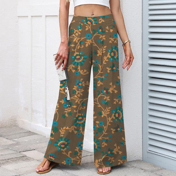 Buddha Stones Pantalones de mujer de lino y algodón con estampado floral turquesa y cintura elástica, pernera ancha y bolsillos. - image 6