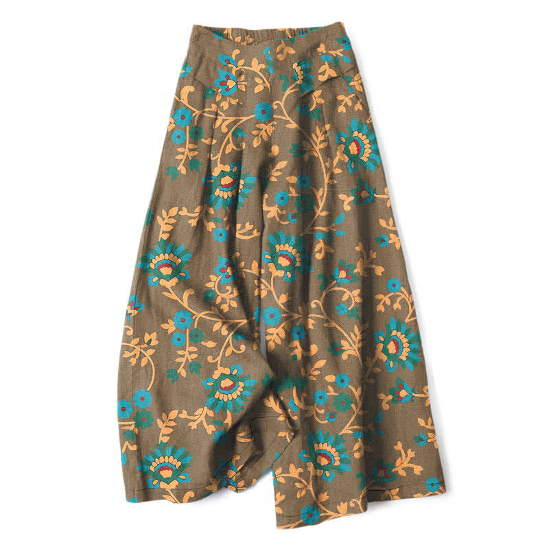 Buddha Stones Pantalones de mujer de lino y algodón con estampado floral turquesa y cintura elástica, pernera ancha y bolsillos. - Caqui oscuro - US16，UK/AU20，EU48 (3XL) - image 5