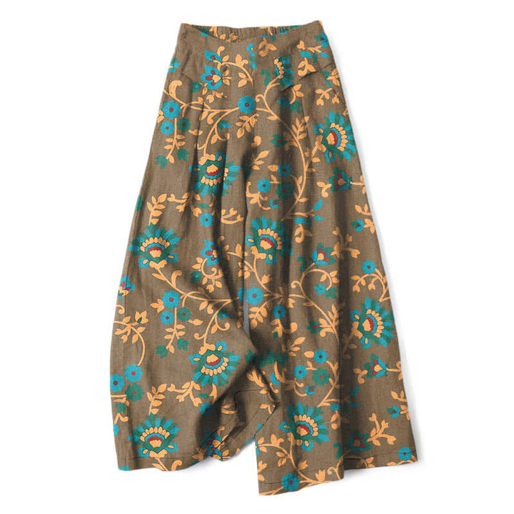 Buddha Stones Pantalones de mujer de lino y algodón con estampado floral turquesa y cintura elástica, pernera ancha y bolsillos. - Caqui oscuro - US16，UK/AU20，EU48 (3XL) - image 5