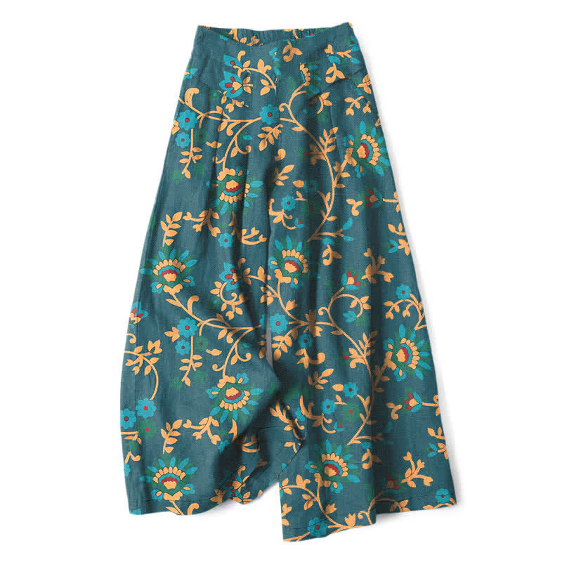 Buddha Stones Pantalones de mujer de lino y algodón con estampado floral turquesa y cintura elástica, pernera ancha y bolsillos. - Verde azulado - US16，UK/AU20，EU48 (3XL) - image 7