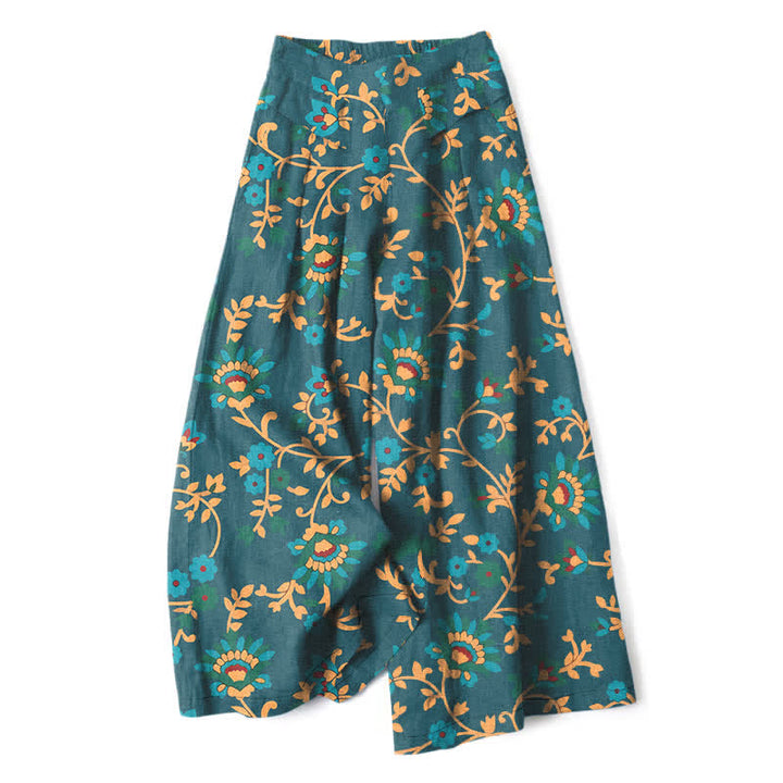 Buddha Stones Pantalones de mujer de lino y algodón con estampado floral turquesa y cintura elástica, pernera ancha y bolsillos. - Verde azulado - US16，UK/AU20，EU48 (3XL) - image 7