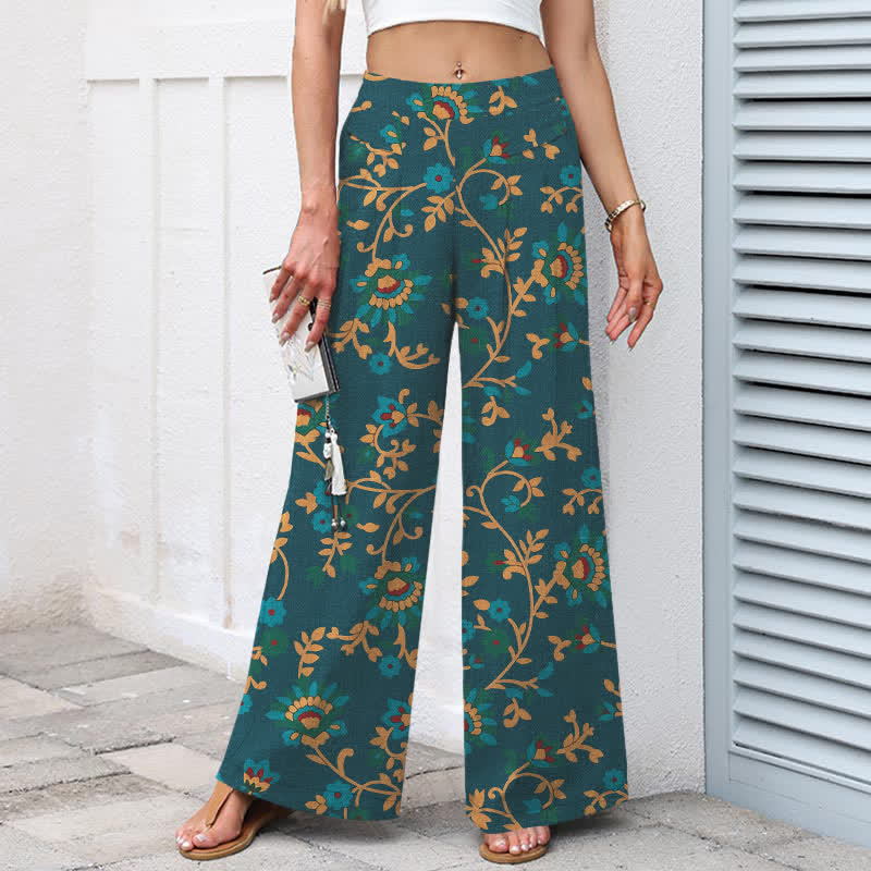 Buddha Stones Pantalones de mujer de lino y algodón con estampado floral turquesa y cintura elástica, pernera ancha y bolsillos. - image 8
