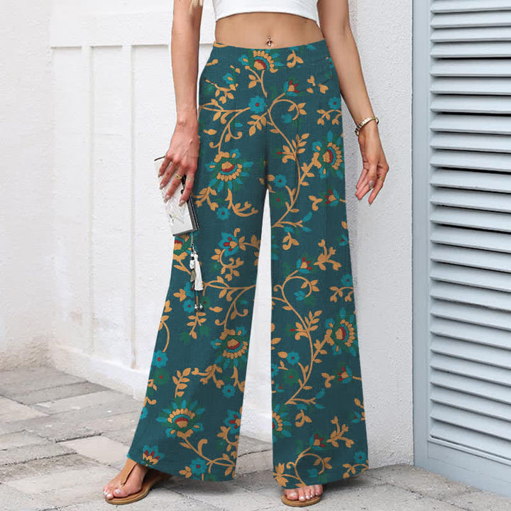 Buddha Stones Pantalones de mujer de lino y algodón con estampado floral turquesa y cintura elástica, pernera ancha y bolsillos. - image 8