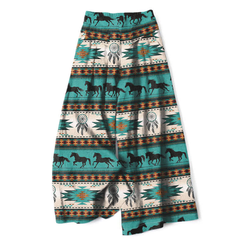 Buddha Stones Pantalones de mujer de lino y algodón con estampado de atrapasueños de caballos, cintura elástica y pernera ancha con bolsillos. - Turquesa - US16，UK/AU20，EU48 (3XL) - image 0