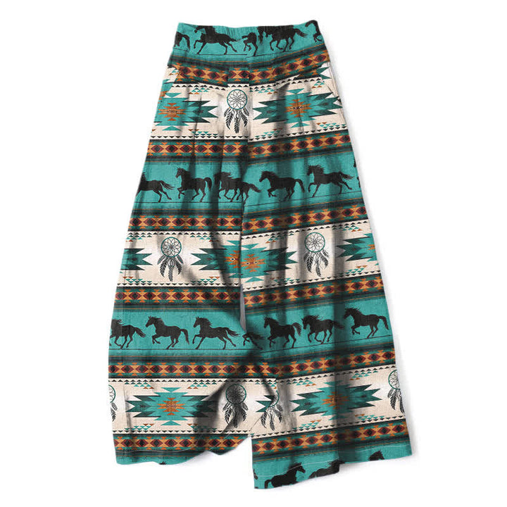 Buddha Stones Pantalones de mujer de lino y algodón con estampado de atrapasueños de caballos, cintura elástica y pernera ancha con bolsillos. - Turquesa - US16，UK/AU20，EU48 (3XL) - image 0