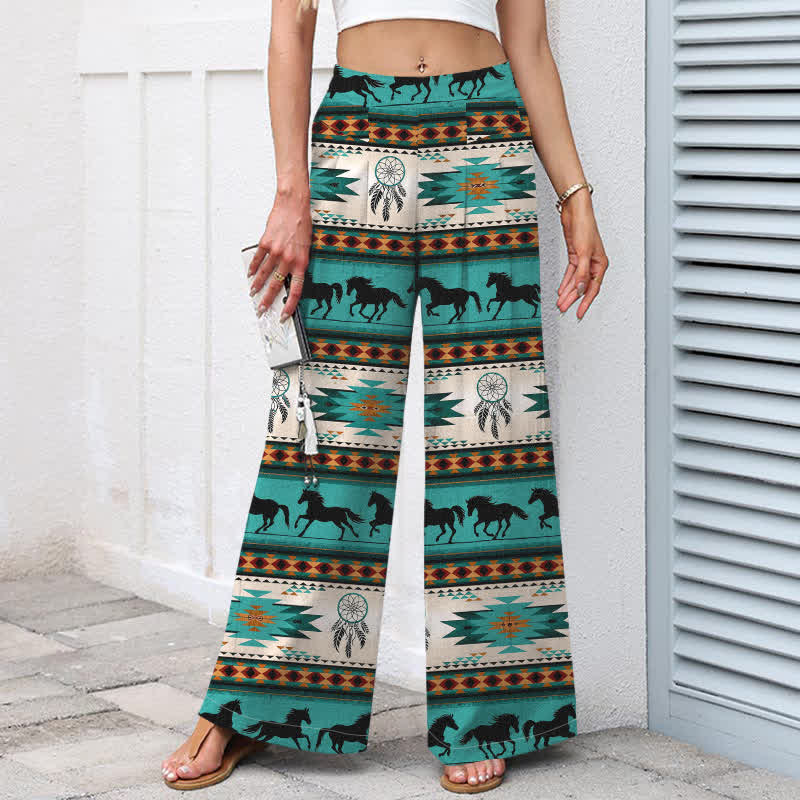 Buddha Stones Pantalones de mujer de lino y algodón con estampado de atrapasueños de caballos, cintura elástica y pernera ancha con bolsillos. - image 1