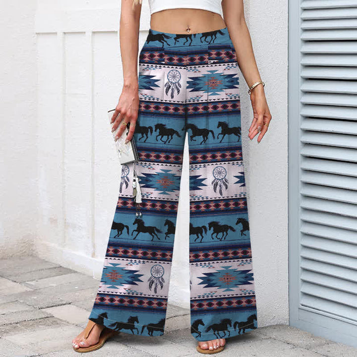 Buddha Stones Pantalones de mujer de lino y algodón con estampado de atrapasueños de caballos, cintura elástica y pernera ancha con bolsillos. - image 6