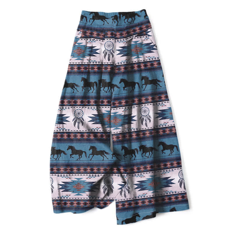 Buddha Stones Pantalones de mujer de lino y algodón con estampado de atrapasueños de caballos, cintura elástica y pernera ancha con bolsillos. - Azul cielo profundo - US16，UK/AU20，EU48 (3XL) - image 5