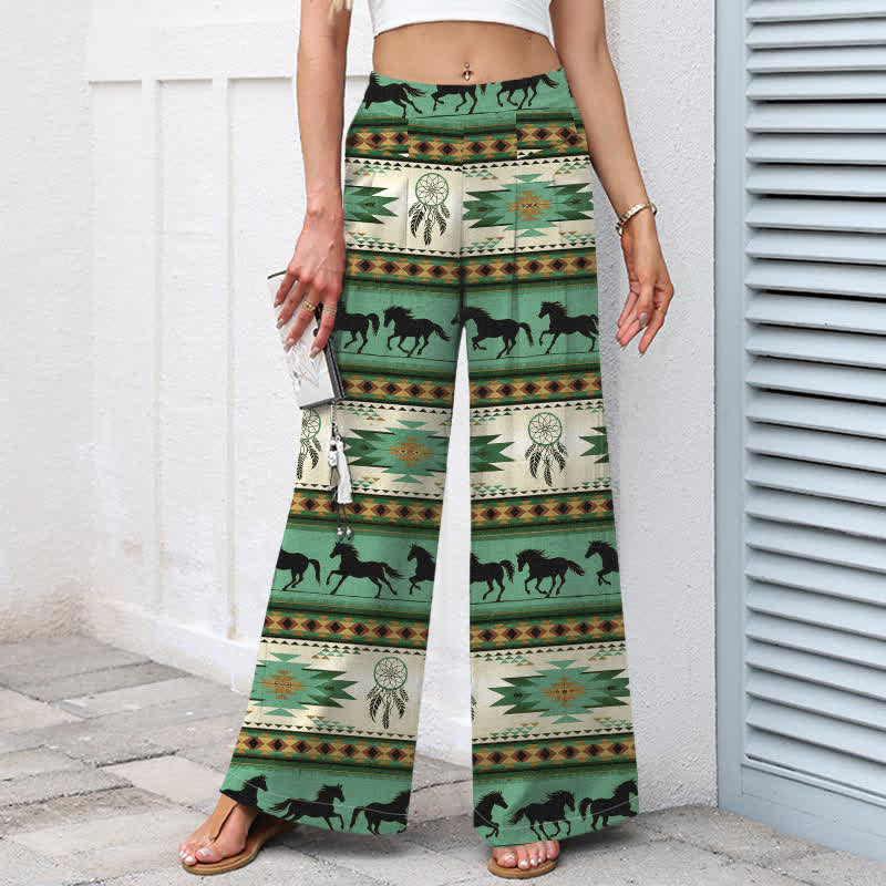 Buddha Stones Pantalones de mujer de lino y algodón con estampado de atrapasueños de caballos, cintura elástica y pernera ancha con bolsillos. - image 8