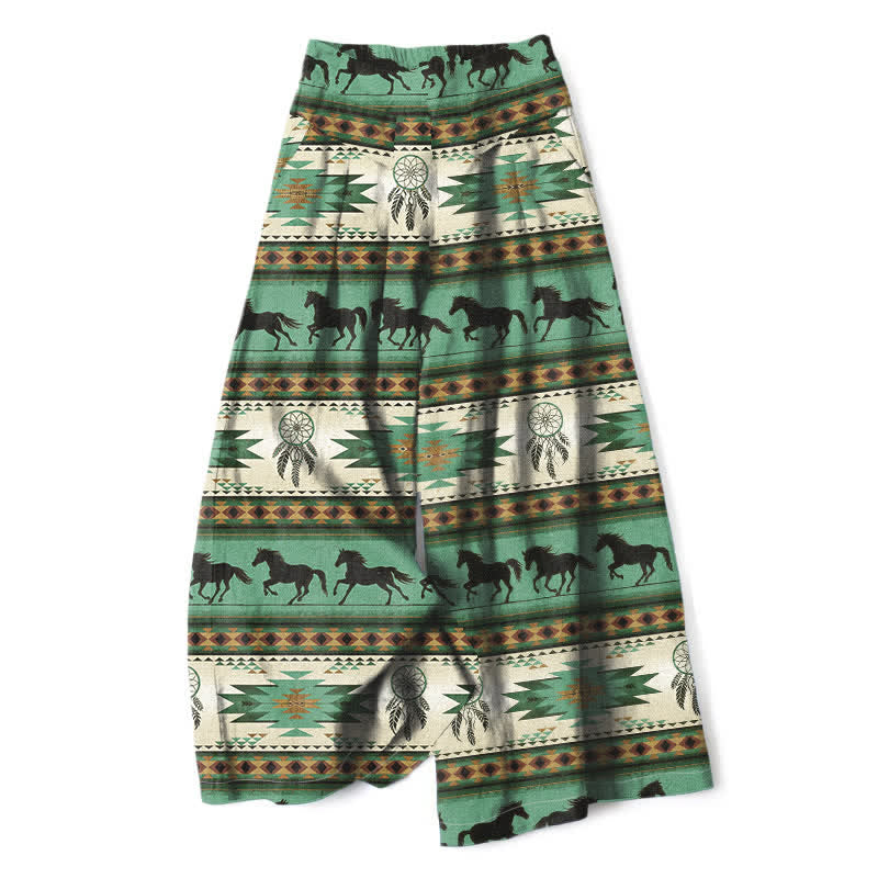 Buddha Stones Pantalones de mujer de lino y algodón con estampado de atrapasueños de caballos, cintura elástica y pernera ancha con bolsillos. - Verde mar medio - US16，UK/AU20，EU48 (3XL) - image 7