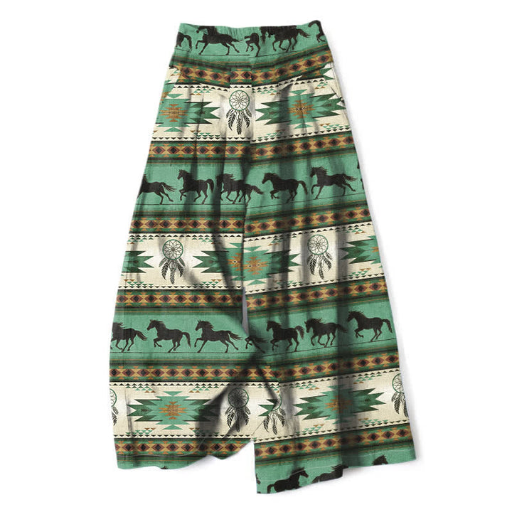 Buddha Stones Pantalones de mujer de lino y algodón con estampado de atrapasueños de caballos, cintura elástica y pernera ancha con bolsillos. - Verde mar medio - US16，UK/AU20，EU48 (3XL) - image 7