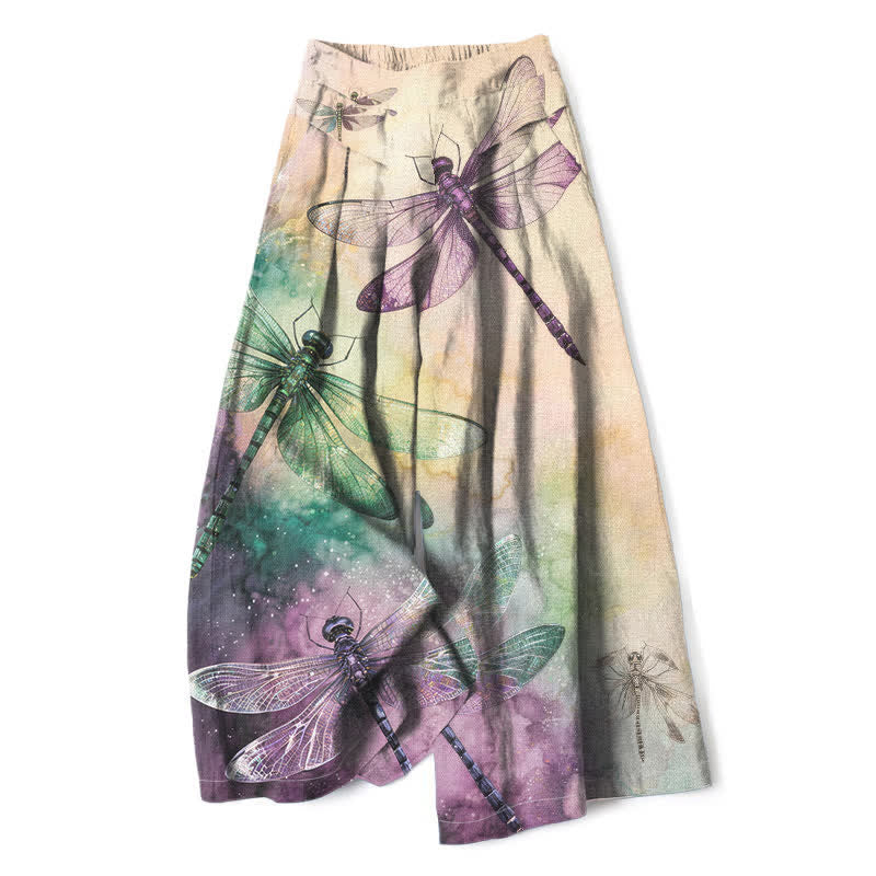 Buddha Stones Pantalones de mujer de algodón y lino con estampado de libélulas en acuarela, cintura elástica, pernera ancha y bolsillos. - Lino - US16，UK/AU20，EU48 (3XL) - image 0