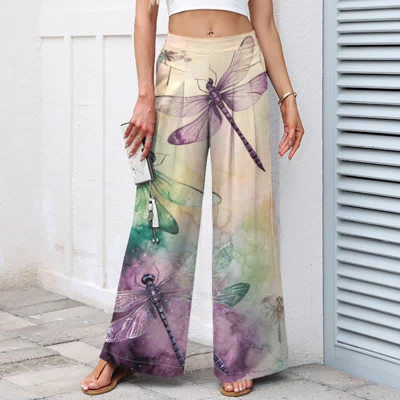 Buddha Stones Pantalones de mujer de algodón y lino con estampado de libélulas en acuarela, cintura elástica, pernera ancha y bolsillos. - image 1