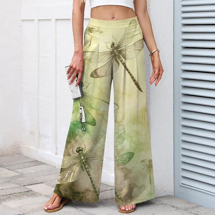 Buddha Stones Pantalones de mujer de algodón y lino con estampado de libélulas en acuarela, cintura elástica, pernera ancha y bolsillos. - image 6