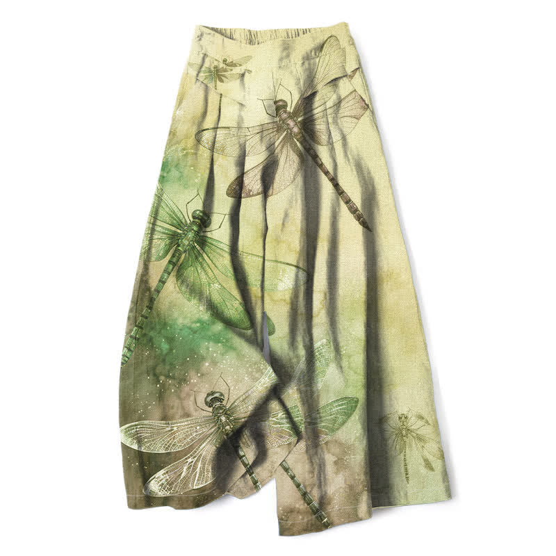Buddha Stones Pantalones de mujer de algodón y lino con estampado de libélulas en acuarela, cintura elástica, pernera ancha y bolsillos. - Caqui - US16，UK/AU20，EU48 (3XL) - image 5