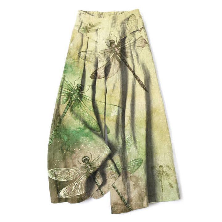 Buddha Stones Pantalones de mujer de algodón y lino con estampado de libélulas en acuarela, cintura elástica, pernera ancha y bolsillos. - Caqui - US16，UK/AU20，EU48 (3XL) - image 5