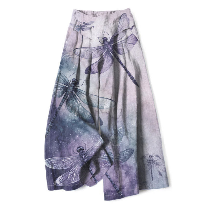Buddha Stones Pantalones de mujer de algodón y lino con estampado de libélulas en acuarela, cintura elástica, pernera ancha y bolsillos. - Lavanda - US16，UK/AU20，EU48 (3XL) - image 7