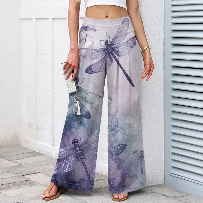 Buddha Stones Pantalones de mujer de algodón y lino con estampado de libélulas en acuarela, cintura elástica, pernera ancha y bolsillos. - image 8