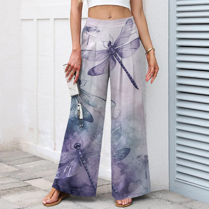 Buddha Stones Pantalones de mujer de algodón y lino con estampado de libélulas en acuarela, cintura elástica, pernera ancha y bolsillos. - image 8