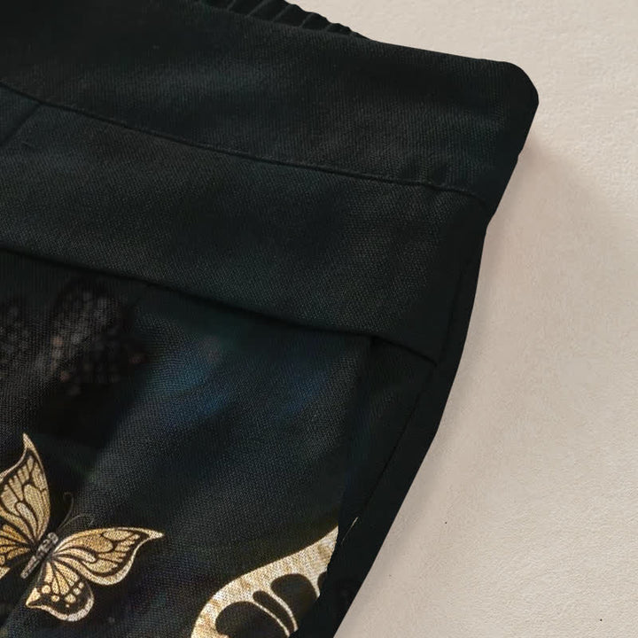 Buddha Stones Pantalones de mujer de algodón y lino con estampado de mariposas, cintura elástica y pernera ancha con bolsillos. - image 3