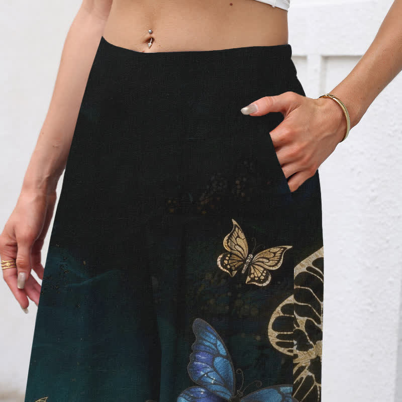 Buddha Stones Pantalones de mujer de algodón y lino con estampado de mariposas, cintura elástica y pernera ancha con bolsillos. - image 2