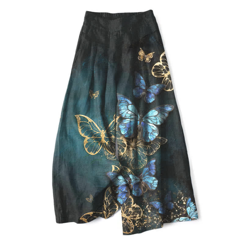 Buddha Stones Pantalones de mujer de algodón y lino con estampado de mariposas, cintura elástica y pernera ancha con bolsillos. - Negro - US16，UK/AU20，EU48 (3XL) - image 0