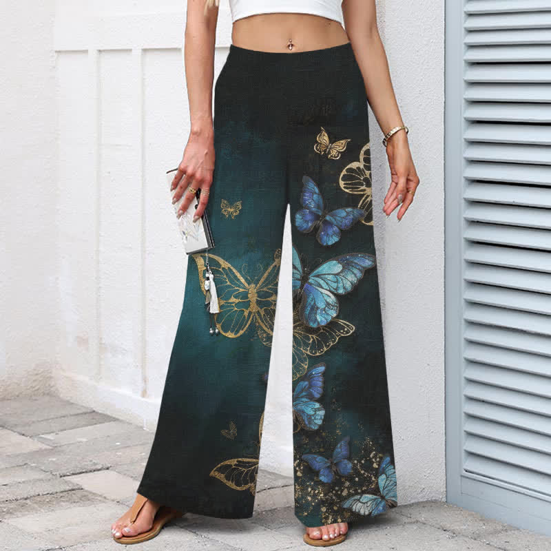 Buddha Stones Pantalones de mujer de algodón y lino con estampado de mariposas, cintura elástica y pernera ancha con bolsillos. - image 1