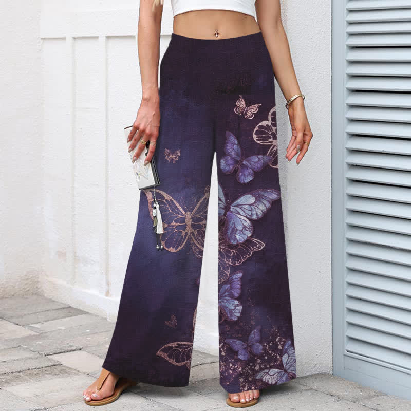 Buddha Stones Pantalones de mujer de algodón y lino con estampado de mariposas, cintura elástica y pernera ancha con bolsillos. - image 6