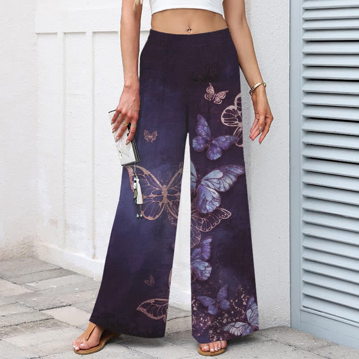 Buddha Stones Pantalones de mujer de algodón y lino con estampado de mariposas, cintura elástica y pernera ancha con bolsillos. - image 6