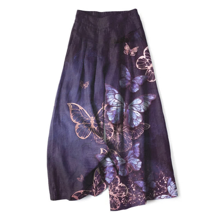 Buddha Stones Pantalones de mujer de algodón y lino con estampado de mariposas, cintura elástica y pernera ancha con bolsillos. - Índigo - US16，UK/AU20，EU48 (3XL) - image 5