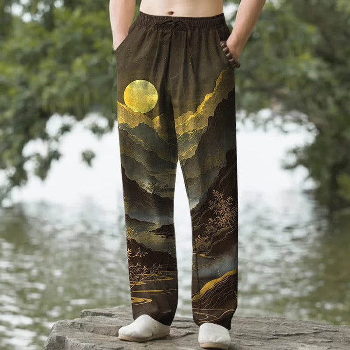 Buddha Stones Pantalones de hombre de algodón con estampado de montaña dorada al amanecer, corte cónico y bolsillos. - Marrón silla de montar - US/UK/AU50, EU60 (5XL) - image 4
