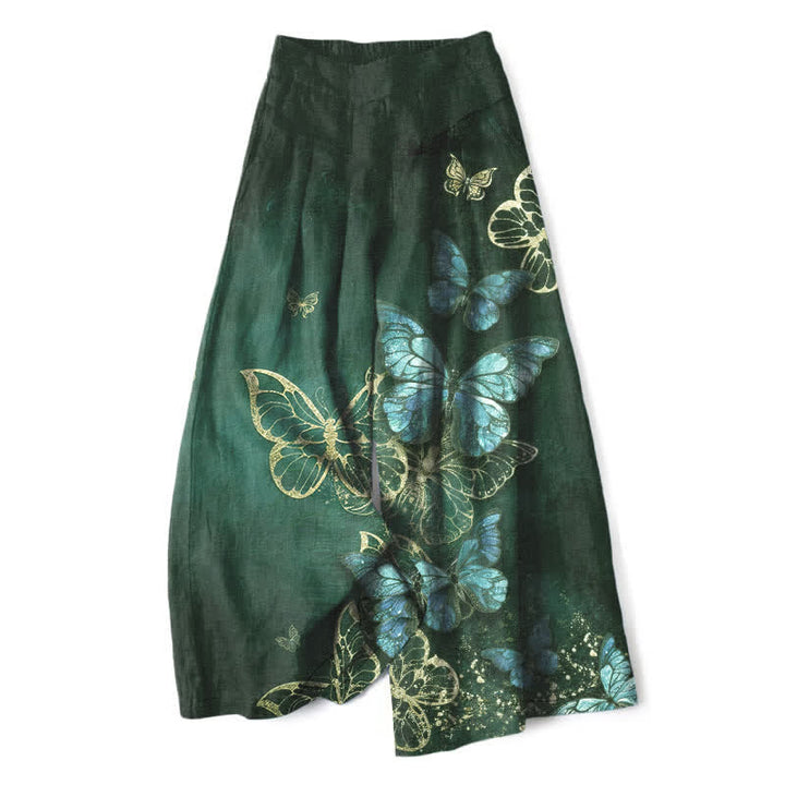 Buddha Stones Pantalones de mujer de algodón y lino con estampado de mariposas, cintura elástica y pernera ancha con bolsillos. - Verde bosque - US16，UK/AU20，EU48 (3XL) - image 7