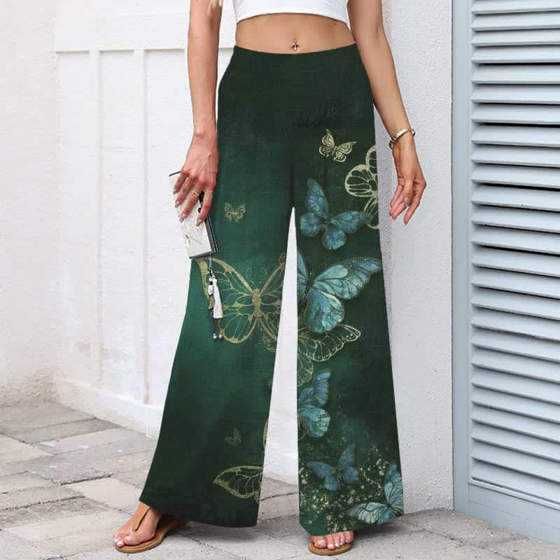 Buddha Stones Pantalones de mujer de algodón y lino con estampado de mariposas, cintura elástica y pernera ancha con bolsillos. - image 8