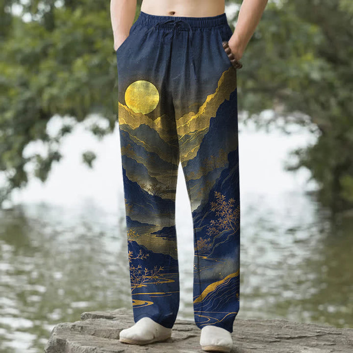 Buddha Stones Pantalones de hombre de algodón con estampado de montaña dorada al amanecer, corte cónico y bolsillos. - Marina de guerra - US/UK/AU50, EU60 (5XL) - image 6