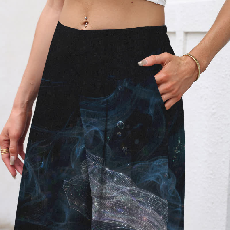 Buddha Stones Pantalones de mujer de algodón y lino con estampado de peces místicos, cintura elástica y pernera ancha con bolsillos. - image 2