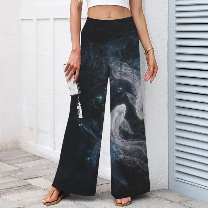 Buddha Stones Pantalones de mujer de algodón y lino con estampado de peces místicos, cintura elástica y pernera ancha con bolsillos. - image 1
