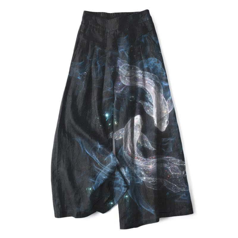 Buddha Stones Pantalones de mujer de algodón y lino con estampado de peces místicos, cintura elástica y pernera ancha con bolsillos. - Negro - US16，UK/AU20，EU48 (3XL) - image 0