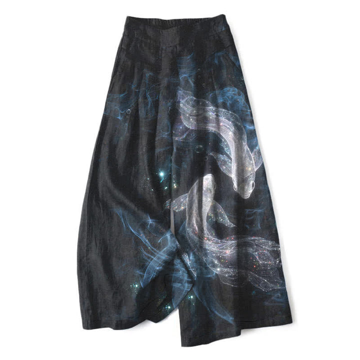 Buddha Stones Pantalones de mujer de algodón y lino con estampado de peces místicos, cintura elástica y pernera ancha con bolsillos. - Negro - US16，UK/AU20，EU48 (3XL) - image 0