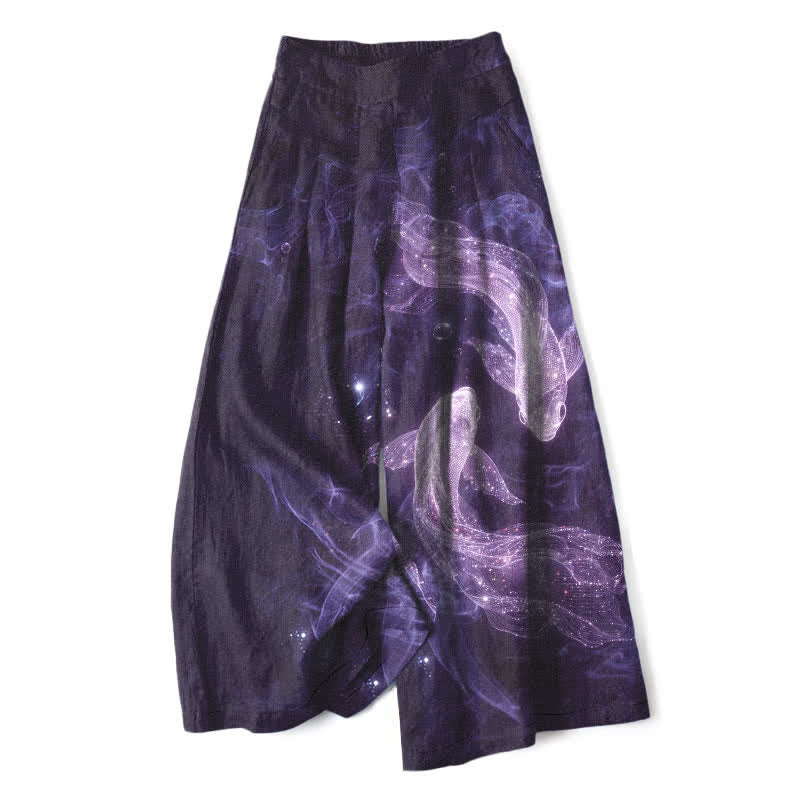Buddha Stones Pantalones de mujer de algodón y lino con estampado de peces místicos, cintura elástica y pernera ancha con bolsillos. - Índigo - US16，UK/AU20，EU48 (3XL) - image 5