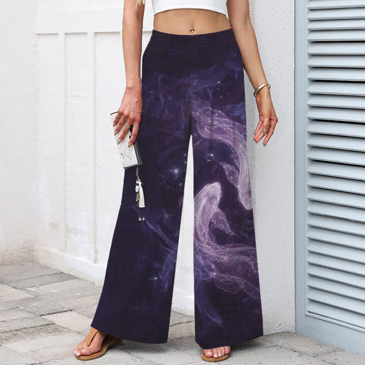 Buddha Stones Pantalones de mujer de algodón y lino con estampado de peces místicos, cintura elástica y pernera ancha con bolsillos. - image 6