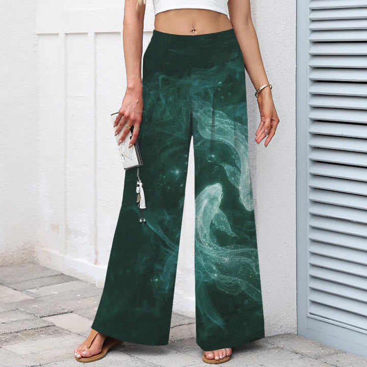 Buddha Stones Pantalones de mujer de algodón y lino con estampado de peces místicos, cintura elástica y pernera ancha con bolsillos. - image 8