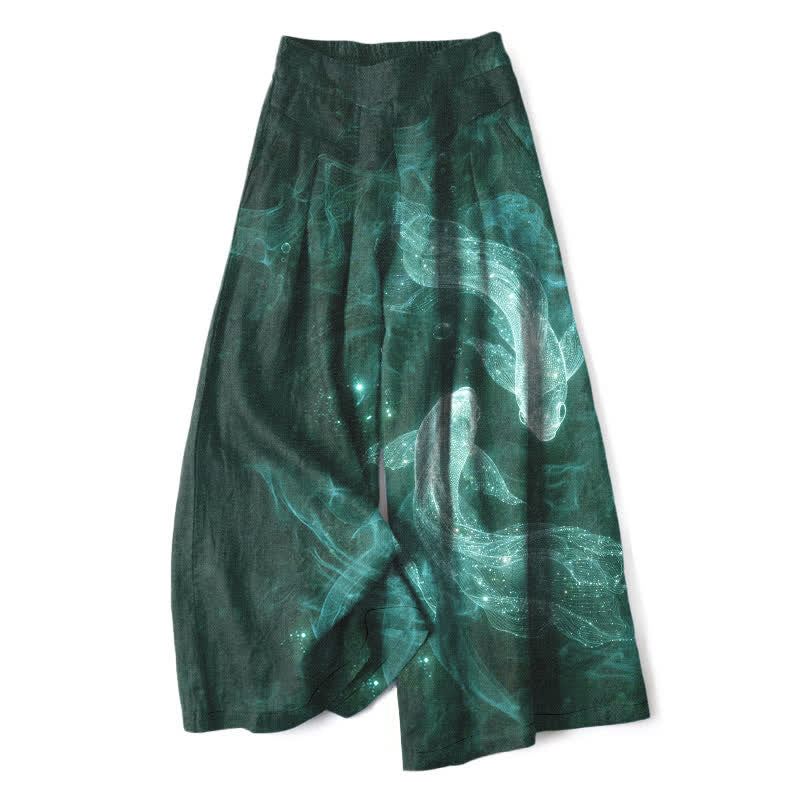 Buddha Stones Pantalones de mujer de algodón y lino con estampado de peces místicos, cintura elástica y pernera ancha con bolsillos. - Verde azulado - US16，UK/AU20，EU48 (3XL) - image 7