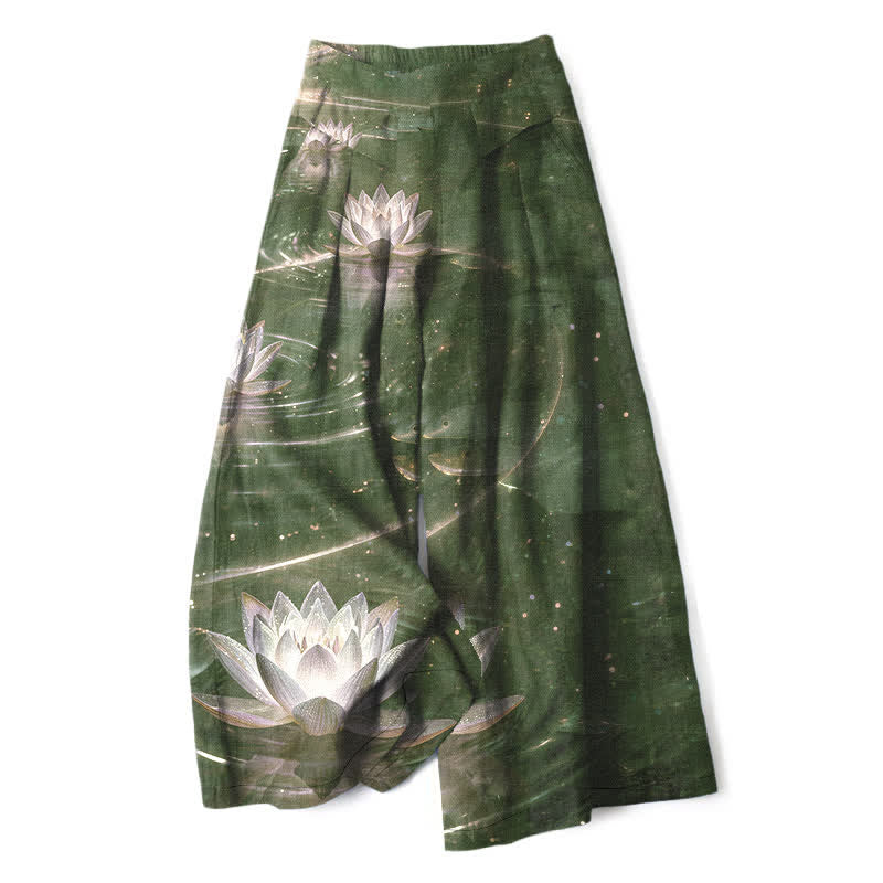 Buddha Stones Pantalones de mujer de algodón y lino con estampado Lotus Galaxy, cintura elástica y pernera ancha con bolsillos. - Verde oliva oscuro - US16，UK/AU20，EU48 (3XL) - image 5