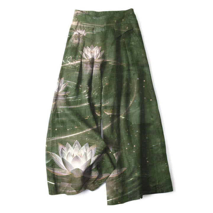 Buddha Stones Pantalones de mujer de algodón y lino con estampado Lotus Galaxy, cintura elástica y pernera ancha con bolsillos. - Verde oliva oscuro - US16，UK/AU20，EU48 (3XL) - image 5